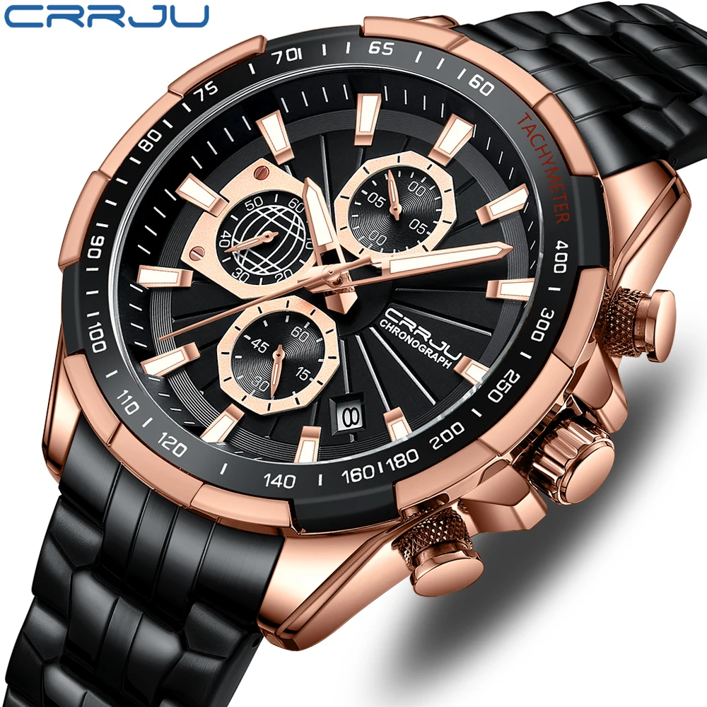

CRRJU Men Watch Top Brand Original Sports Quartz Mens Watches Full Steel Waterproof Chronograph Wristwatch Men Relogio Masculino