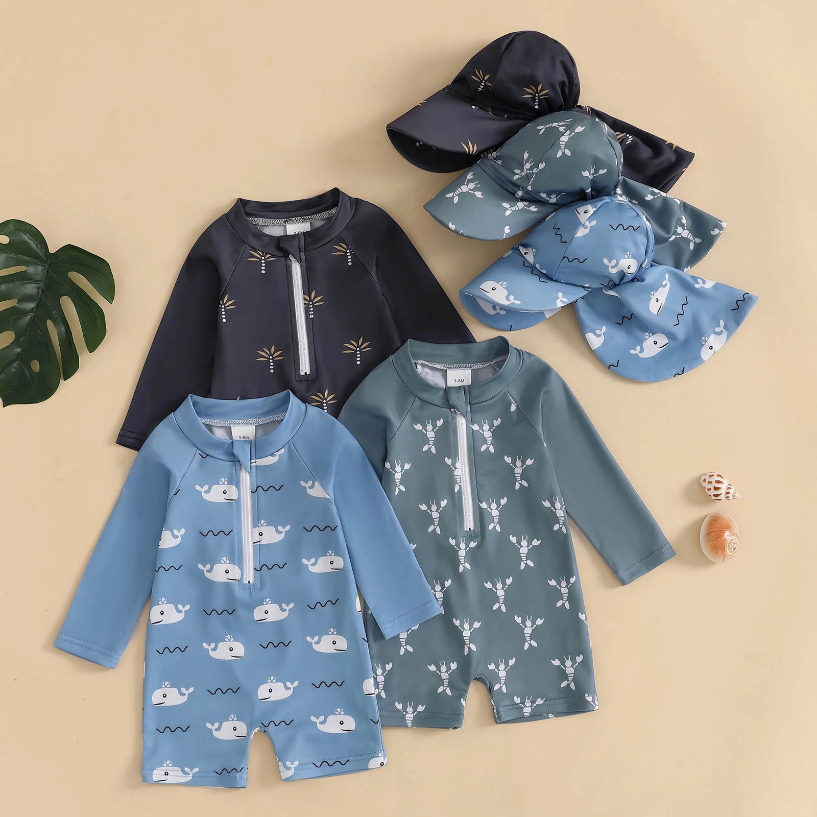 Infant Baby Boy Zip Up Long Sleeve Rash Guard Swimsuit with Hat 2 Pcs Toddler Coconut Tree Whale Lobster Crew Neck Swimwears