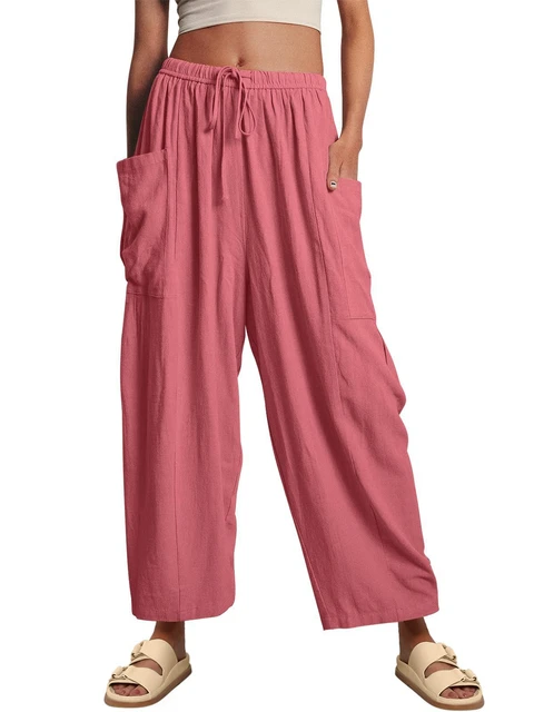 Cotton Linen Pants plus size Elastic high Waist Ankle Length