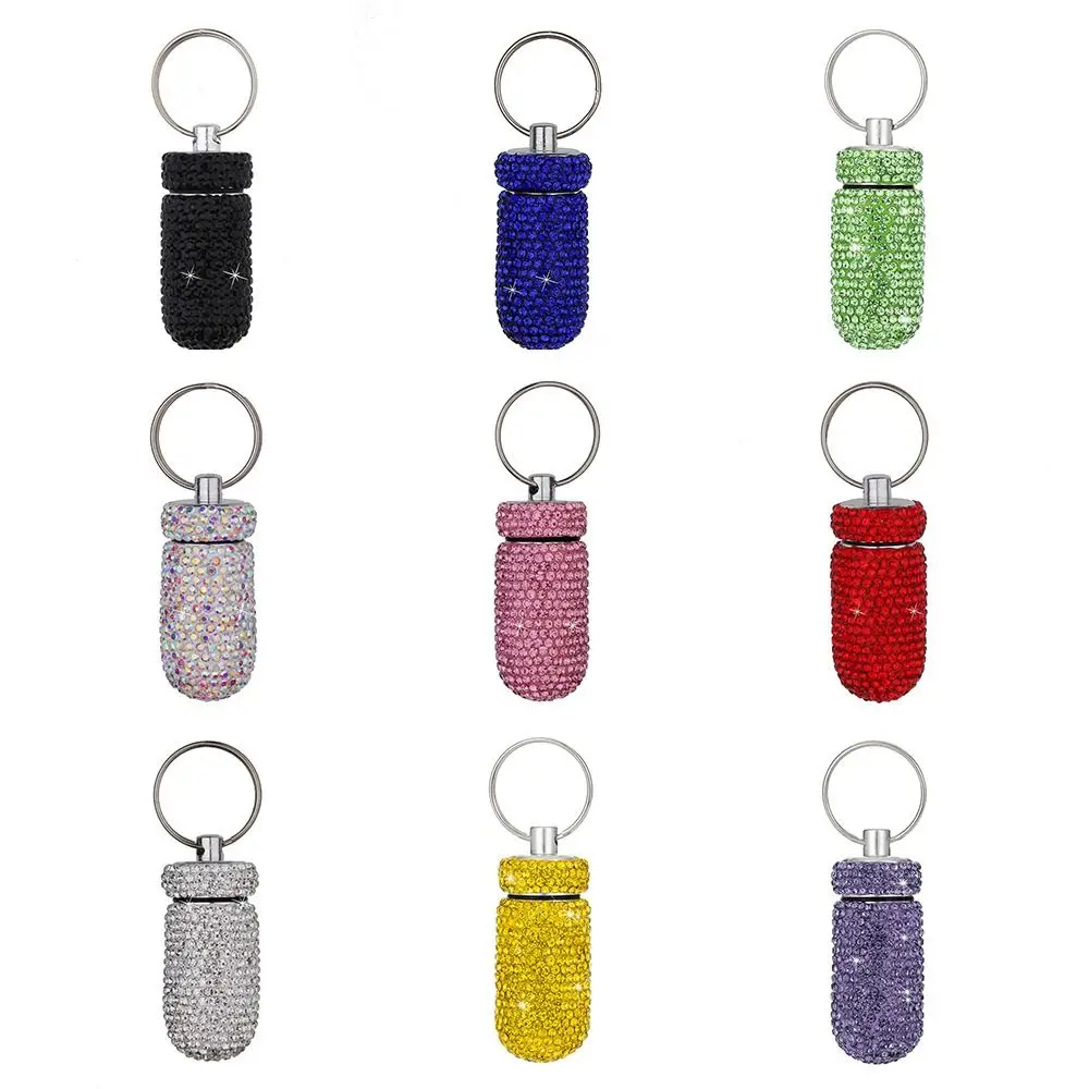 

Portable Pocket Medicine Organizer With Keychain Full Diamond Pill Container Medicine Case Outdoor Traveling Pill Storage Bottle