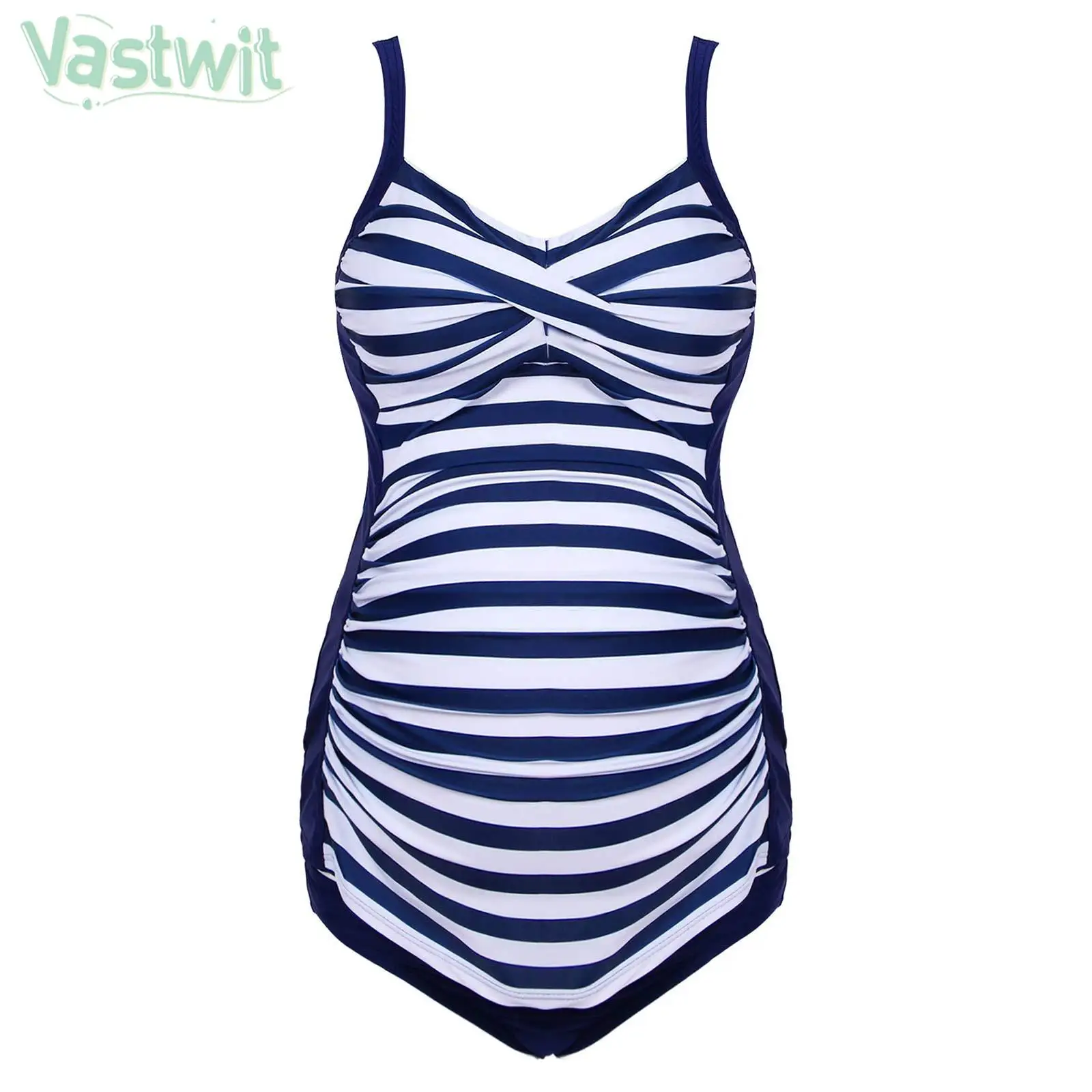 Maternity Sleeveless Stripe Swimwear Bodysuit with Briefs Pregnant Women Adjustable Straps Removable Chest Padded Swimsuit