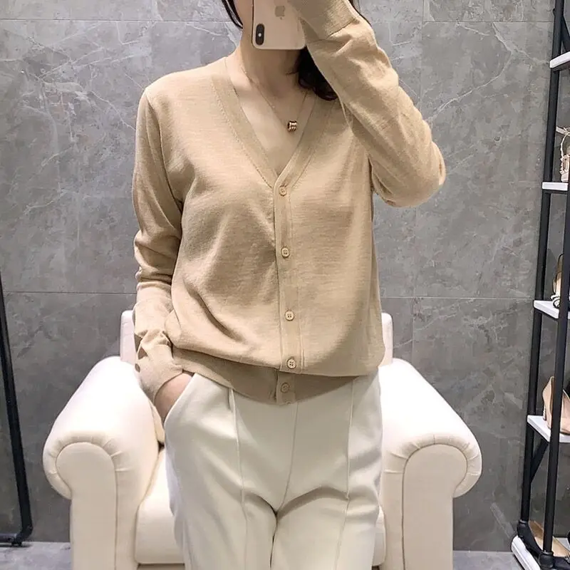 여성용 V넥 캐시미어 가디건, 얇은 여성 루즈핏 울 가디건, 다기능 배색 상의, 봄 및 가을 패션