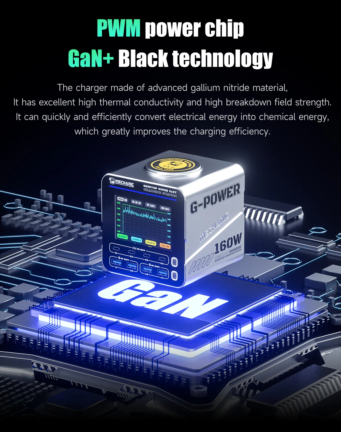 Mechanic G-POWER 160W 8-port GaN Desktop Charging Station with 15W Wireless Char