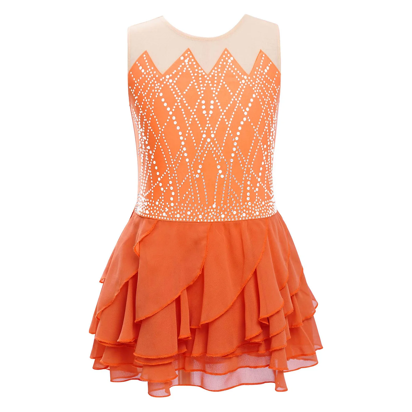 Kinder Mädchen Ballett Kleid Eiskunstlauf Gymnastik Dancewear Rundhals Ärmellos Glänzende Strasssteine Tiered Rüschen Tutu Kleid – Detail 12