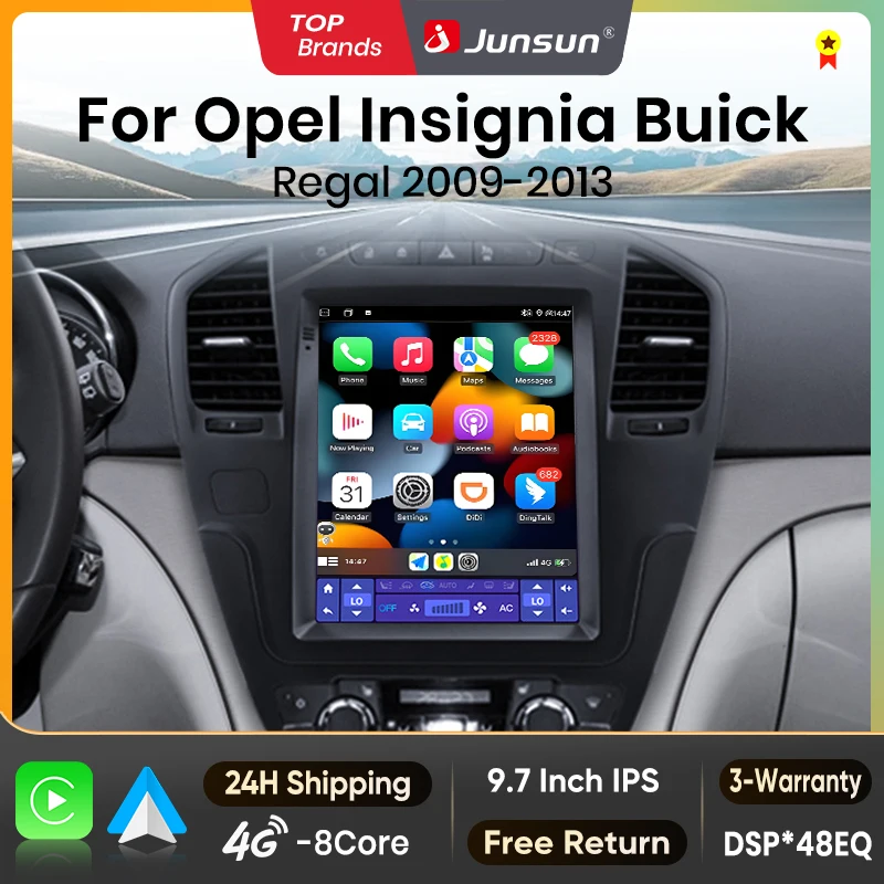 Junsun Radio con pantalla de 9,7 pulgadas estilo Tesla para coche Android, para Opel Insignia Buick Regal 2009-2013, inalámbrico para Apple CarPlay, pantalla IPS, reproductor de vídeo estéreo multimedia, sistemas inteligentes para automóvil, 2 Din, autorradio, unidad principal, navegación GPS, BT, 4G, DSP, RDS 1