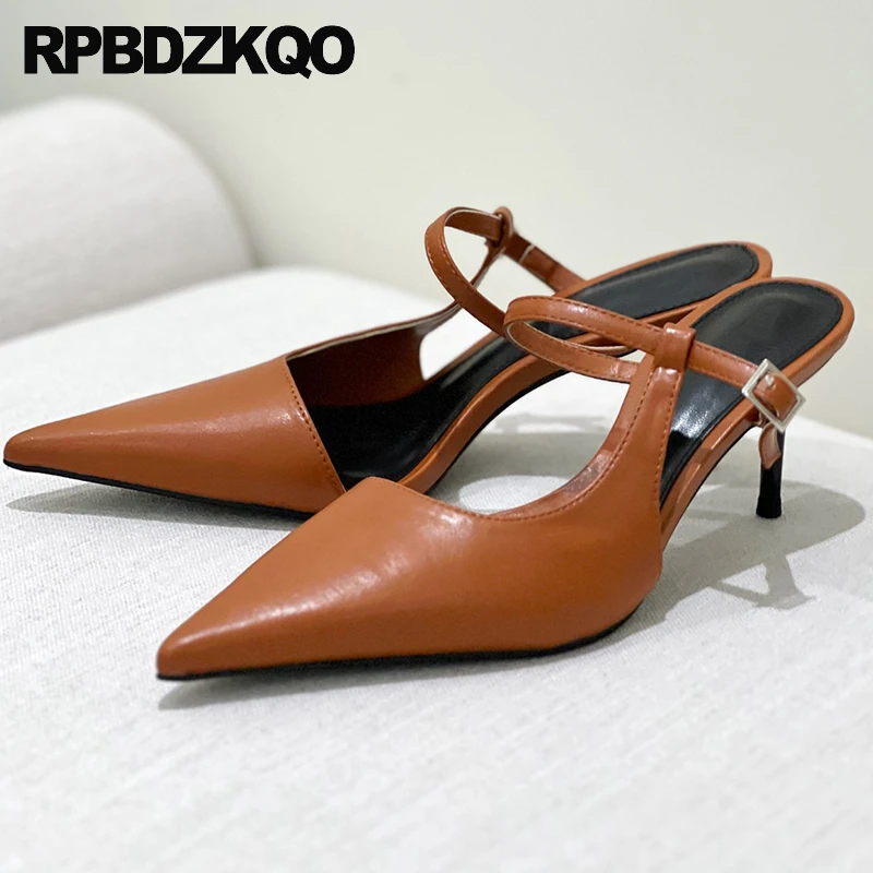 

Stiletto Women Belts Half Shoes Slides Buckle Strap Pumps Mules Pointed Toe Party Mary Jane Sandals High Heels Runway Slippers