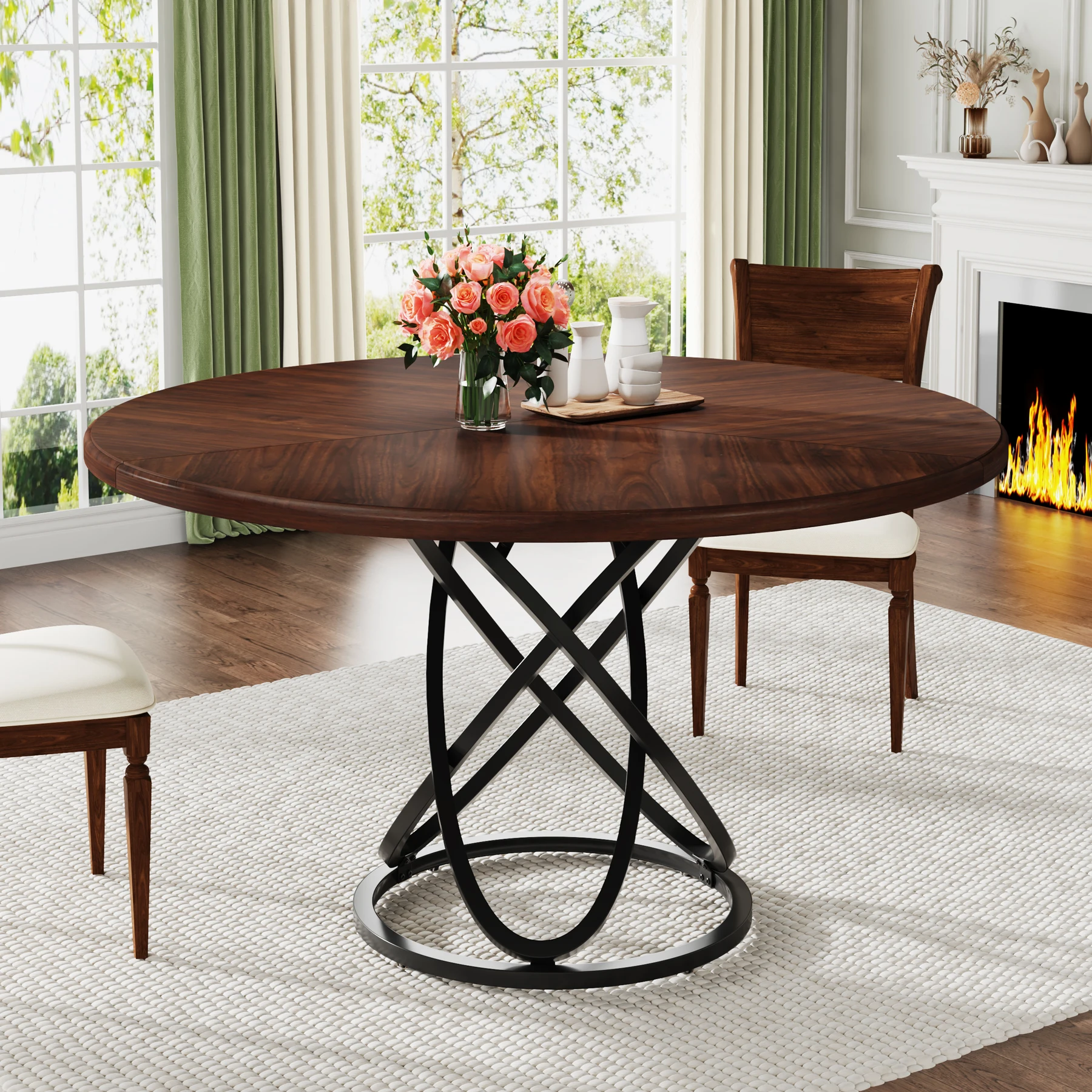 Tribesigns Round Dining Table for 4, 47 Inch Dinner Table Circle Kitchen with Metal Base, Wood Dining Room