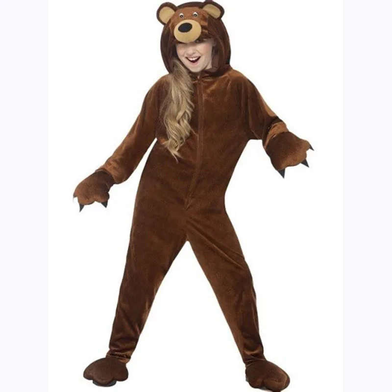 Kids Brown Bear Costume – Plush Grizzly Bear Jumpsuit With Hood, One-Piece For Halloween & Dress-Up (Medium)