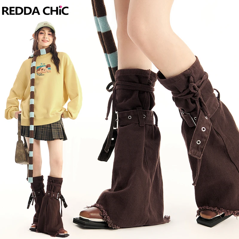 

REDDACHiC Maillard Brown Denim Leg Warmers Women Solid Self-belt Bandage Raw Edge Knee Long Socks Y2k Retro Cowgirl Boots Cover