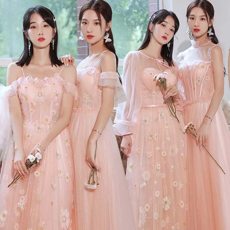 

Pink Fashion Bridesmaid Dresses O-Neck Appliques Empire Full Sleeves A-Line Lace Up Floor-Length Lady Formal Party Gown E1244