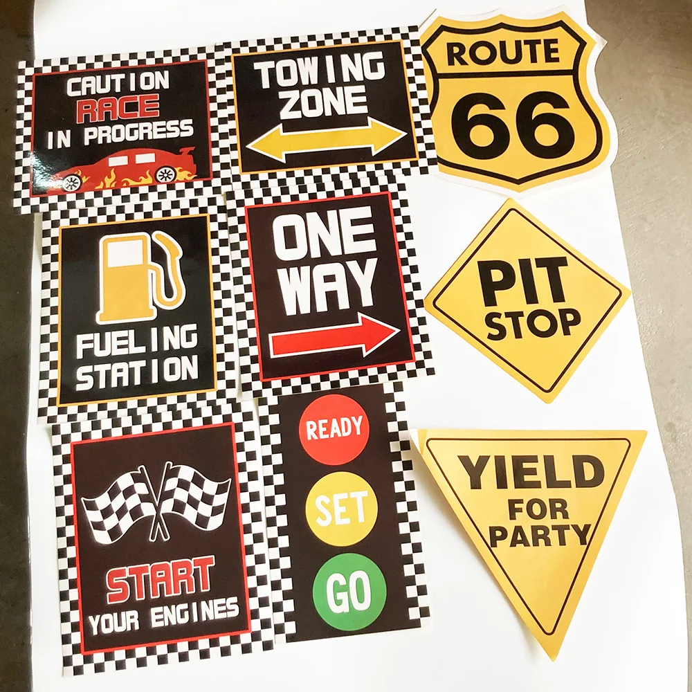 9pcs-race-car-birthday-party-decorate-wall-stickers-kids-race-fans-checkered-flags-racing-happy-birthday-party-signs-cutouts