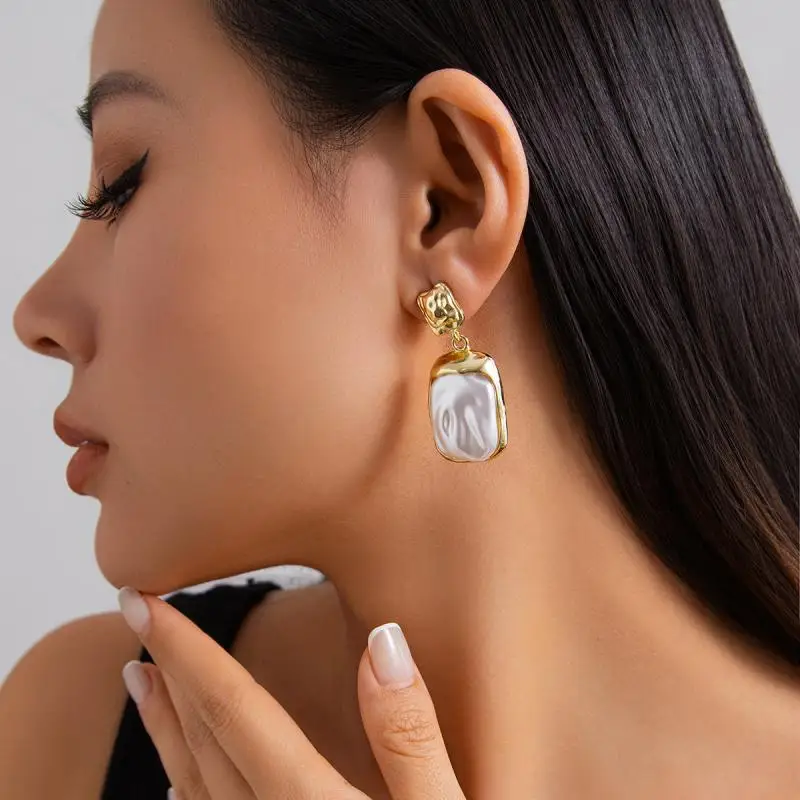 Vintage Imitation Pearl Earring for Women Gold Color Square Pleated Drop Earrings Korean Delicate Irregular Fashion Jewelry Gift drop earrings,dangle earrings