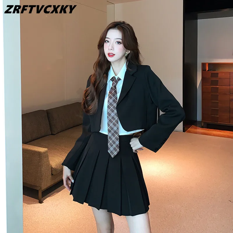 

Sweet Short Jacket Coat Tops+High Waist Pleated Mini Skirt Suits Female Elegant Lady Autumn Two Piece Set Women Outfits