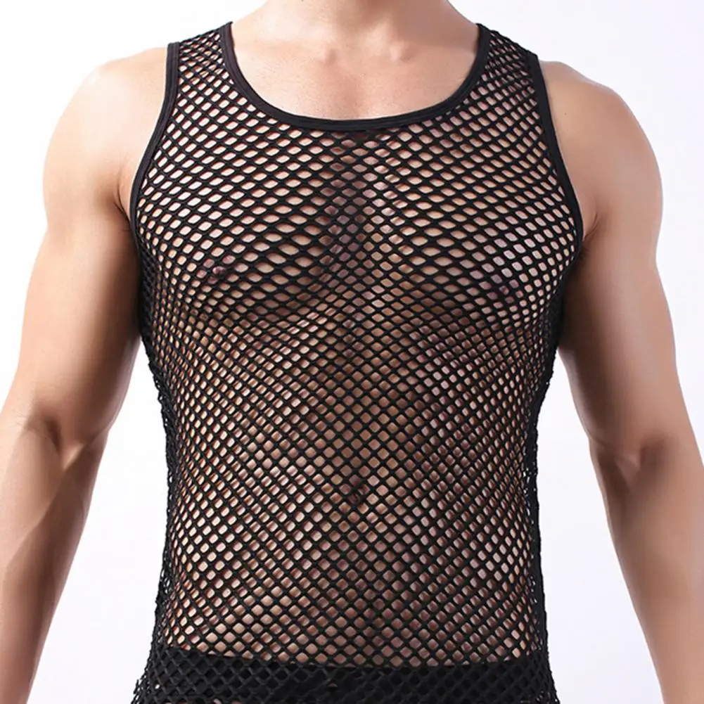 Mens Sexy Mesh See-Through Shirts Undershirt Mesh Sleepwear Fish Net Pure Color Vest for Sleeping Nightclub Sheer Tops Shirt