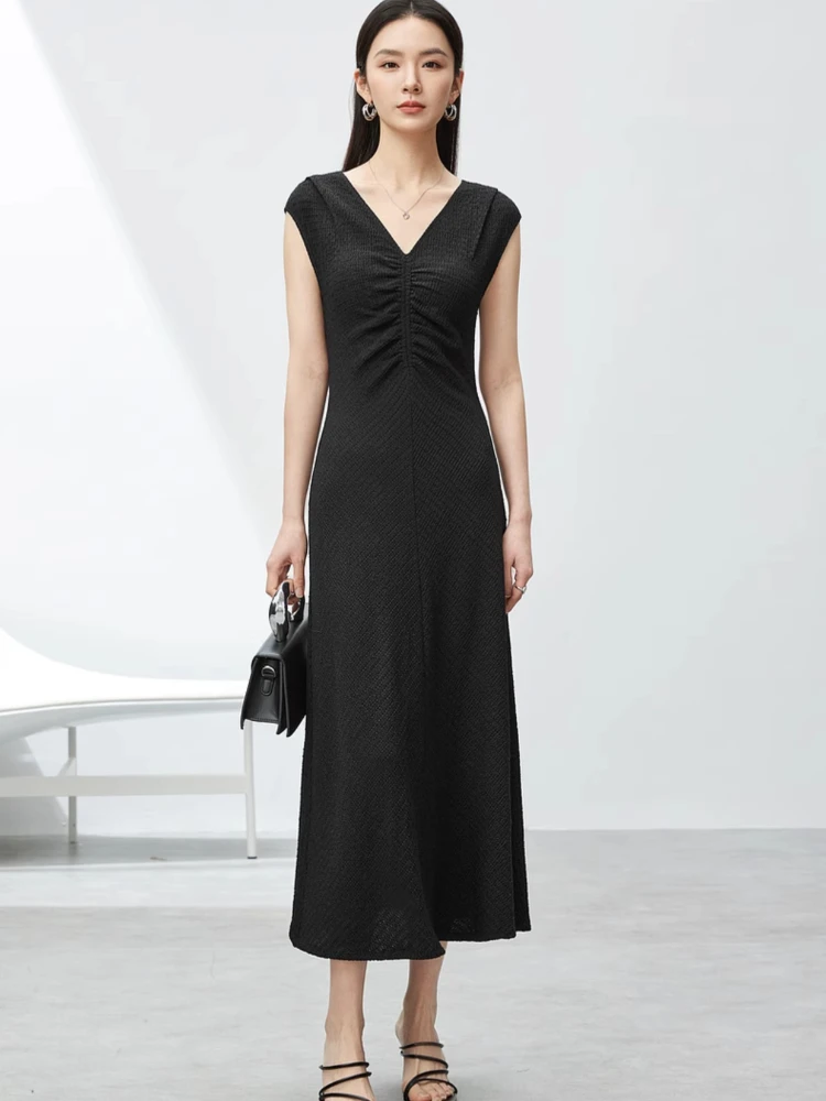 

SENTUBILA Black Elegant V-neck Knitted Sleeveless Tank Dress 2024 Summer Pullover Hollow Out Solid Knit Midi Dresses 142L54118