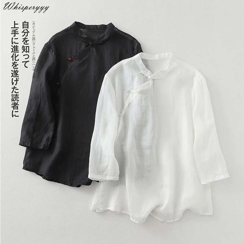 Cotton and Linen Blouse Women Spring and Summer Retro Chinese Zen Elegant Solid Color Tops Ethnic Style Shirt Female