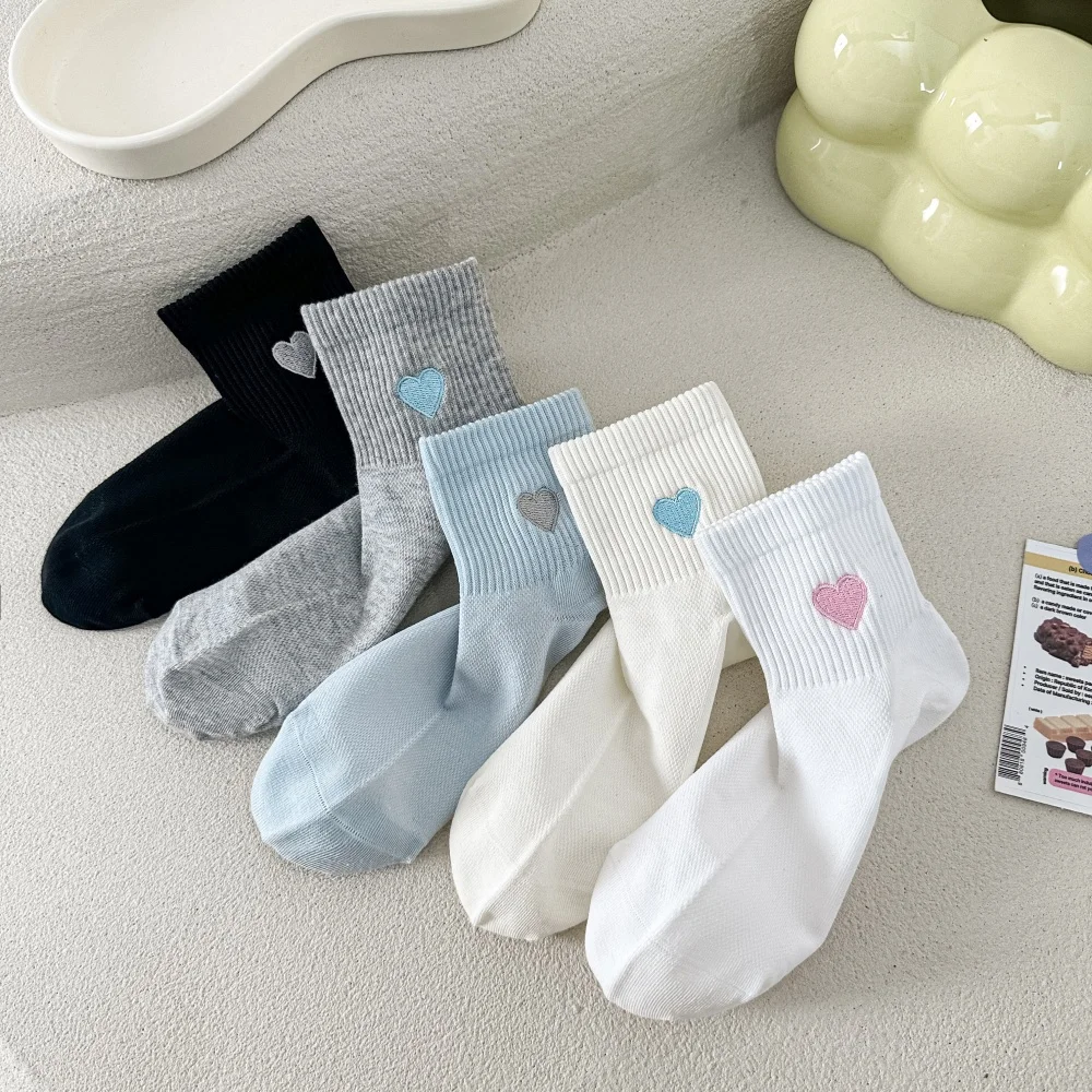 Weiß Frühling Sommer Dünne Atmungsaktive Mesh Herz Stickerei Einfarbig Mitte Rohr Socken Weiche Sport Baumwolle Sokken – Detail 5