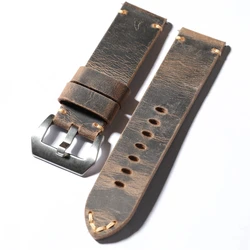Premium Handmade Leather Strap - Vintage Folded Design - 22mm (A Silver buckle)