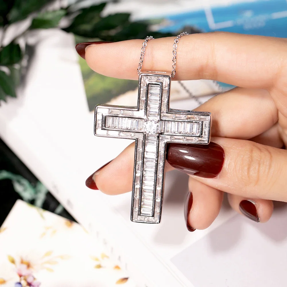 

Luxurious 925 Sterling Silver Exquisite Bible Jesus Cross Pendant Princess-cut Diamond Necklace for Women Topaz Gemstone Jewelry