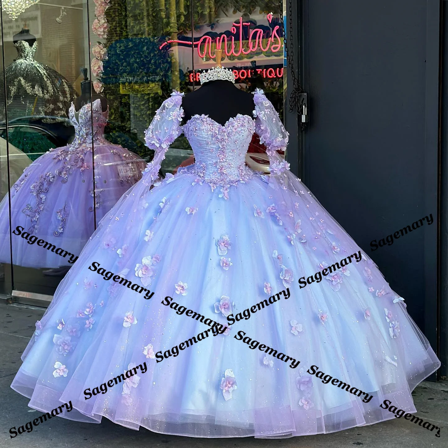 Sagemary Gorgeous Sweetheart Quinceanera Dresses For Girls Sparkly Flare Sleeves 3D Appliques Corset Robe Quinceanera Rouge