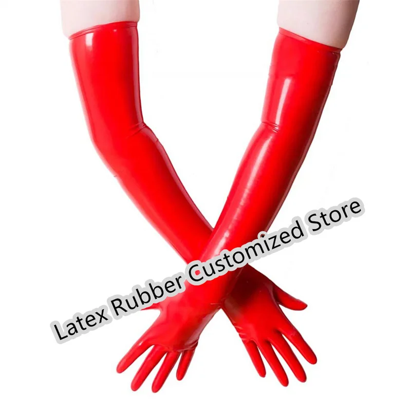 Sexy Fetish Latex Rubber Gloves Wrist Seamless Moulded Shoulder Length Black and Red Long for Men Women with Catsuit Hood