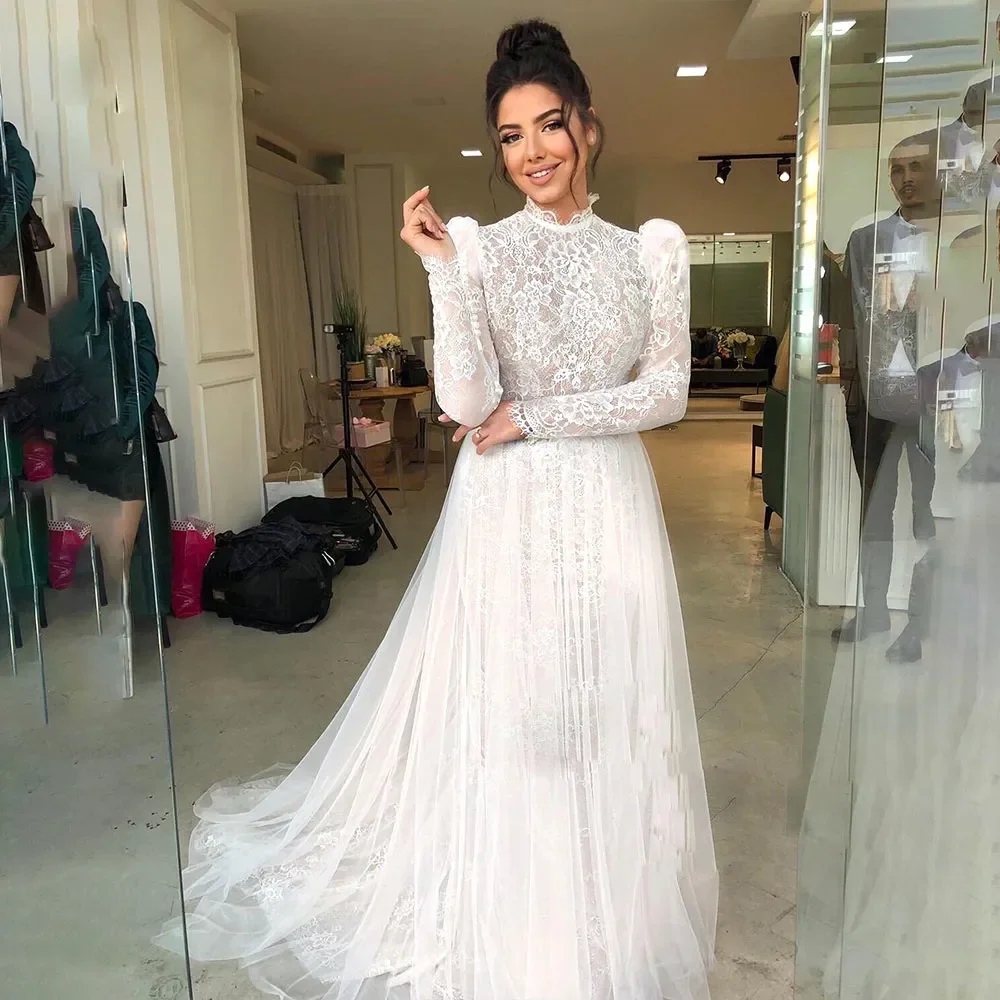 

Romantic A-line Muslim wedding dress High neck long sleeve tulle applique dress Romantic Auditorium beach bridal dress new style