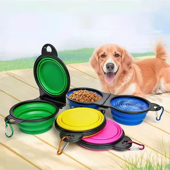 350ml pet double bowl design foldable bowl travel portable durable eating and drinking two-in-one dog bowl cat bowl foldable