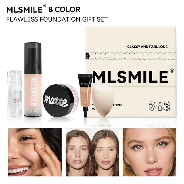 MLSMILE 5 Face Set Matte Loose Powder Foundation Primer comes with a sample of the make-up egg foundation