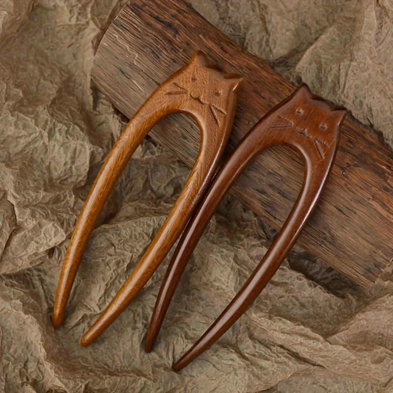 1pc Sandalwood Cat Hairpin, Hand-Carved Hanfu Hair Stick, Vintage Chinese Hair Accessory for Women (Wooden)