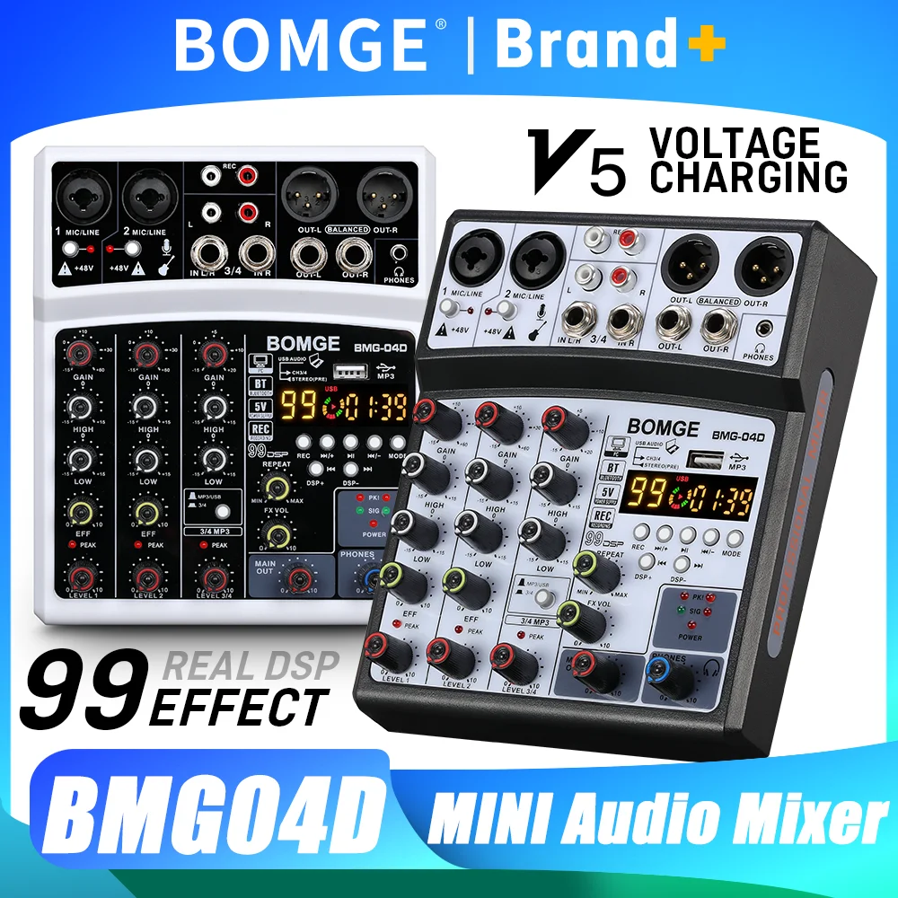 Mixer Audio BOMGE a 4 Canali con 99 Effetti DSP, Console Mini Mixer Audio con Ingresso RCA e Connettività XLR 48V, Controller DJ per Feste