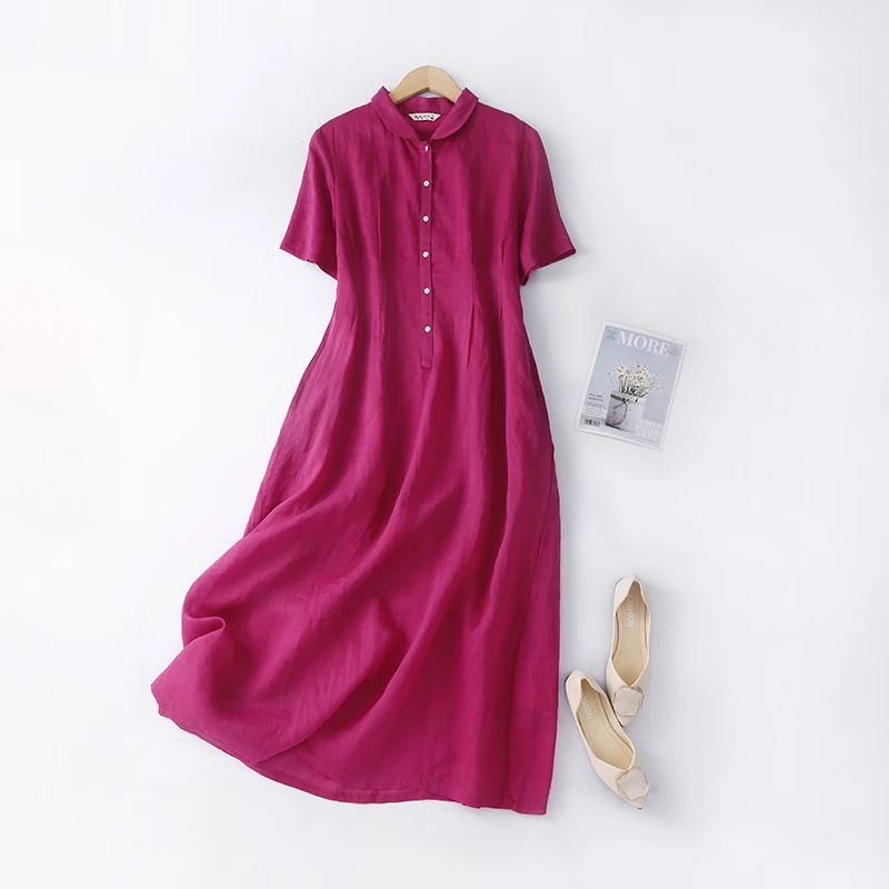 

Летнее платье-рубашка с воротником Питер Пэн, женское хлопковое платье с коротким рукавом, Повседневное платье из пеньки на пуговицах, 2022, с...