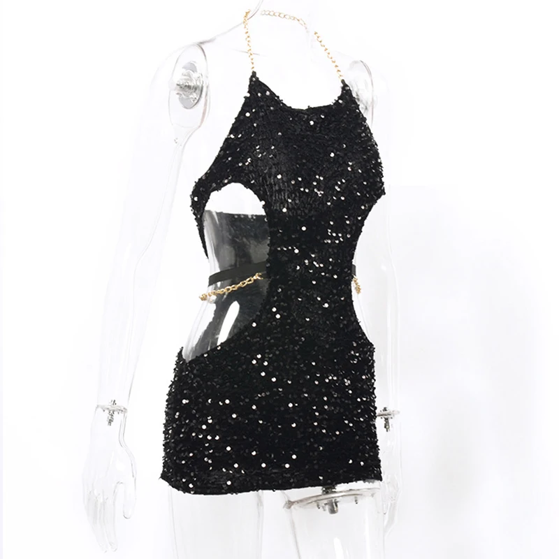 Summer Dress Women Sexy Shine Sequin Sleeveless Waist Cutout Metal Chain Halter Neck Dress 2000s Club Party Dresses