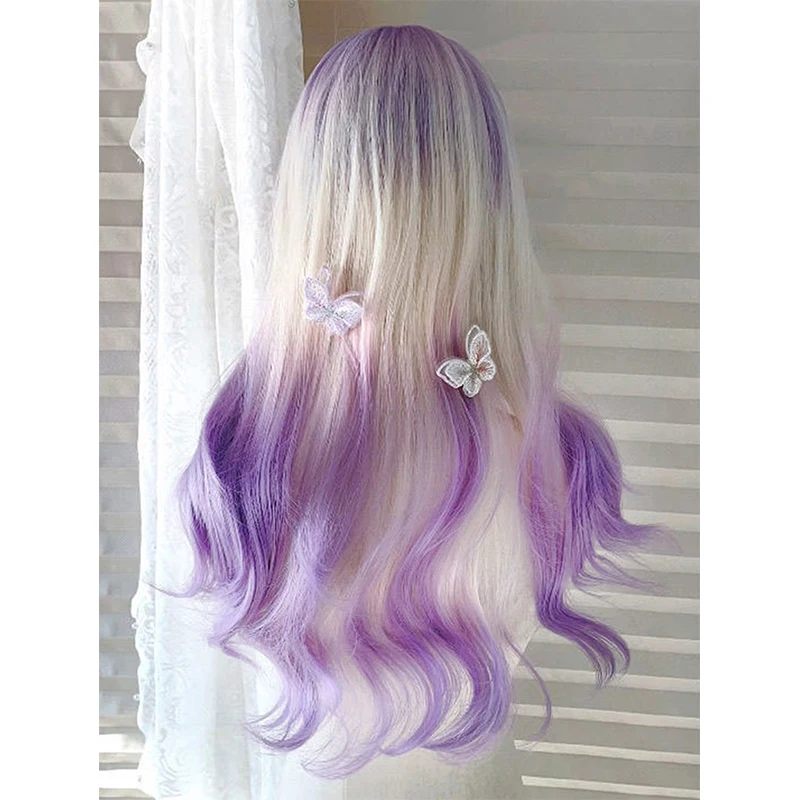 【 Violet 】 Female wig with long curly hair, big waves, milky white gradient purple, natural atmosphere, full head cover