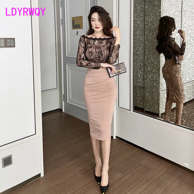 

Autumn New One Line Neck Lace Splice Slim Fit Wrap Hip Dress 20034