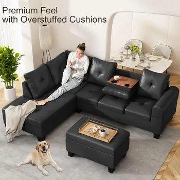 Faux Leather/Linen Fabric Sectional Sofa Couch, Modern L-Shaped Modular Couch Upholstered 3/6 Seaters Living Room Sofa Couch 4