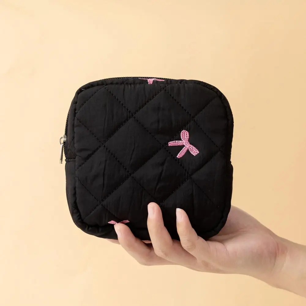 Bow Sanitary Napkin Organizer Bag Cute Makeup Bag Small Quilted Cosmetic Cotton Women's Keychain Earphone Coin Purse
