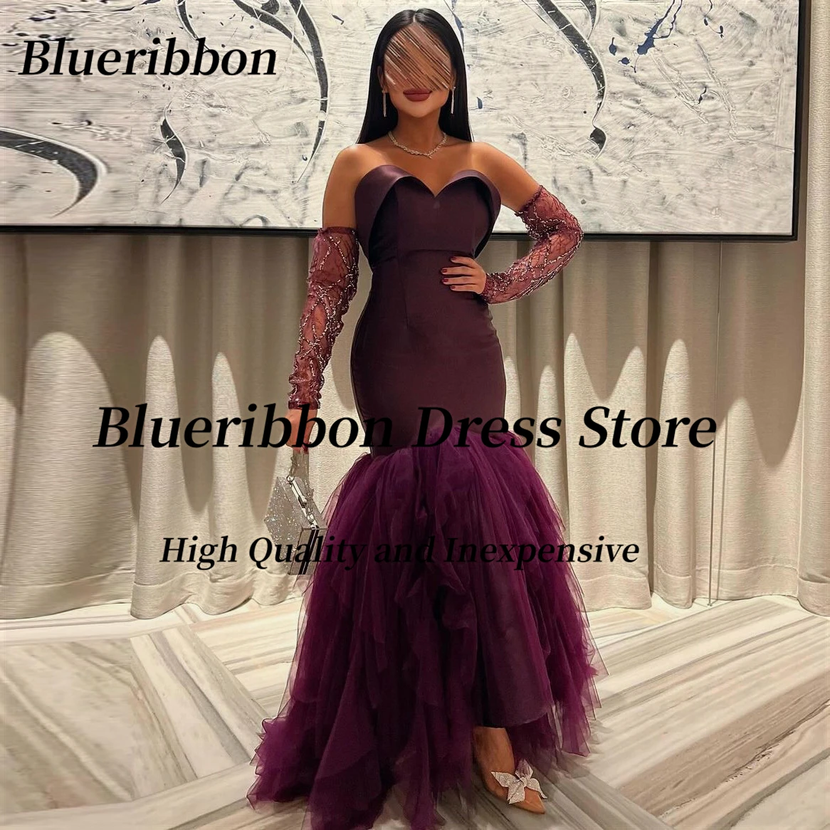 

Blueribbon Vestidos De Gala Mujer Sweetheart Prom Dresses Beaded Long Sleeves Birthday Party Gowns Sexy Back Wedding Guest Dress