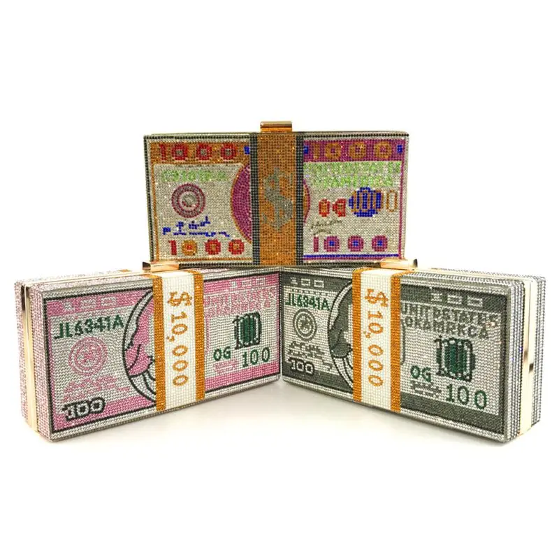 LuxuryMoneyClutchRhinestonePurse10000DollarsStackofCash