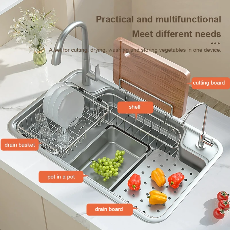 Stainless Steel Kitchen Sink With Rack Shelf Large Single Slot Washing Basin Household Multifunctional Pool For Kitchen 5