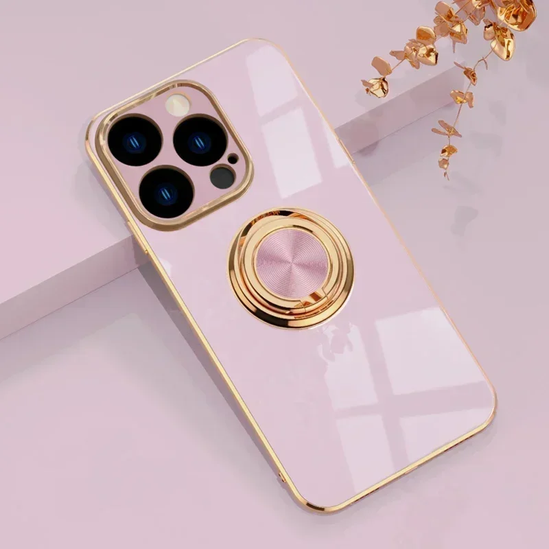 Luxury Plating Gloss Surface Silicone Phone Case with 360° Rotate Ring Holder
