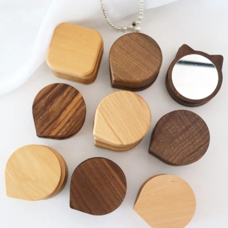 미니 블랙 월넛 우드 메이크업 거울 접이식 회전식 화장 거울 마그네틱 클로저 핸드헬드 컴팩트 포켓 거울