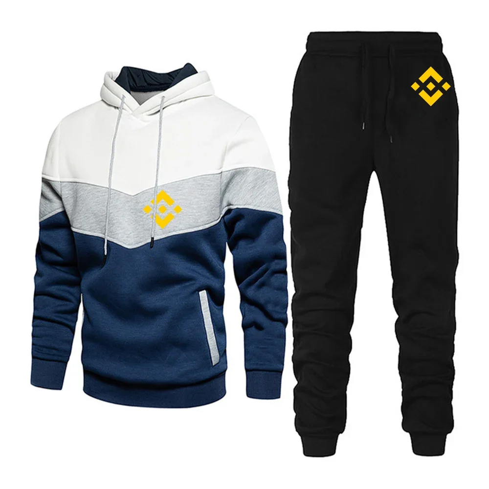 

Binance Crypto 2024 Men's New Fashion Long Sleeves Splicing Sportswear Fashionable Hoodies Tops+Sweatpant Casual Two Pieces Suit