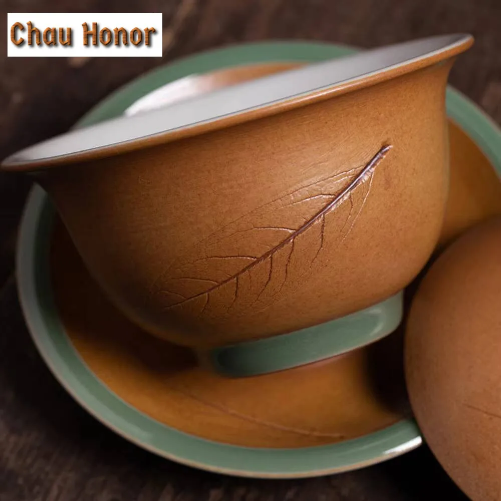 190ml Handmade Longquan Celadon Gaiwan Boutique Fallen Leaves Tea Tureen Tea Making Cover Bowl Tea Ceremony Collection Gift Box