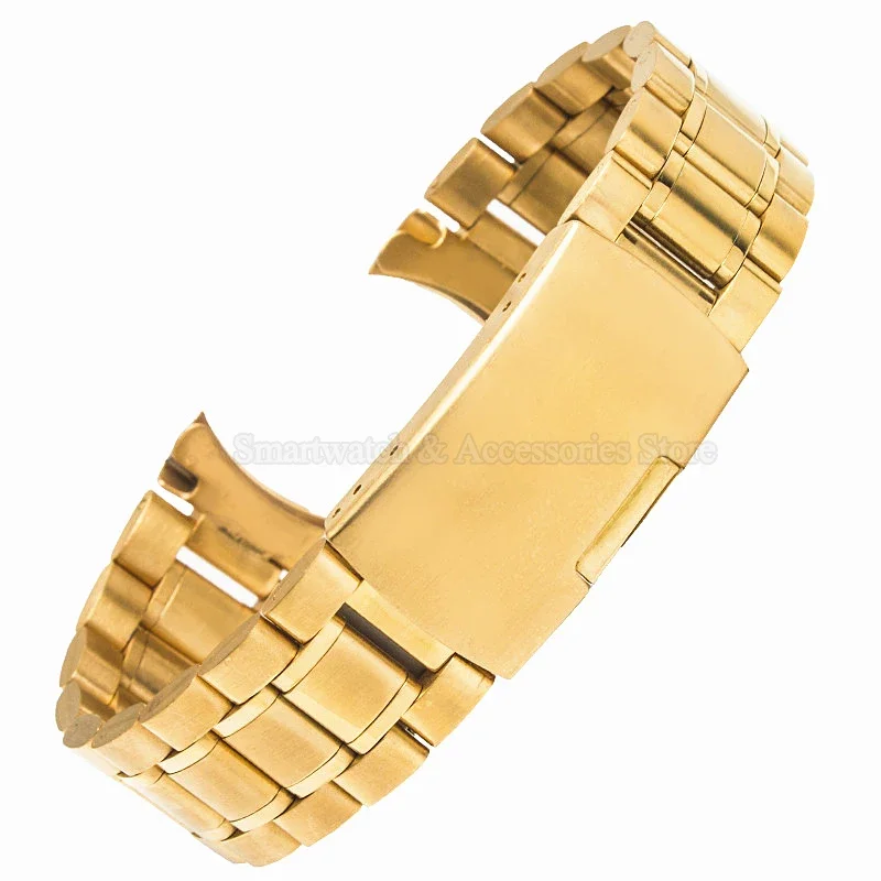 Stainless Steel Curved End Strap Watch Bracelet with Solid Folding Clasp