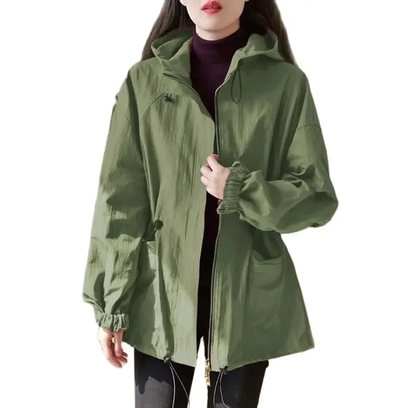

Spring And Autumn 2023 New Fashion Frock Trench Coat Women's Long Solid Color Joker Warm Casual Hooded Waist Trench Coat Jacket