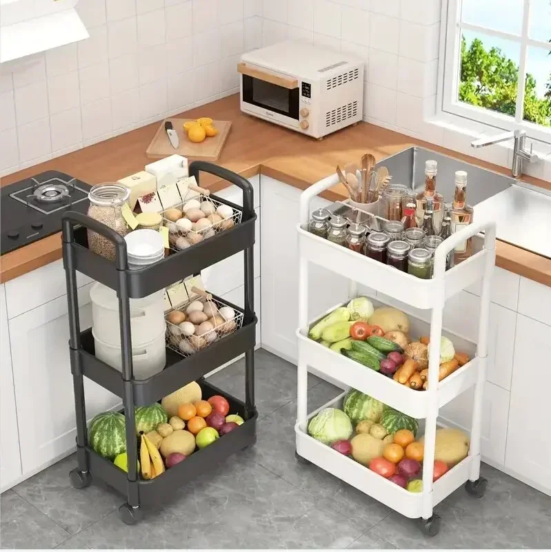 3-4-5-Layer Rolling Plastic Storage Cart with Armrests Space-Efficient Multi-Room Organizer Matte Finish rolling storage cart