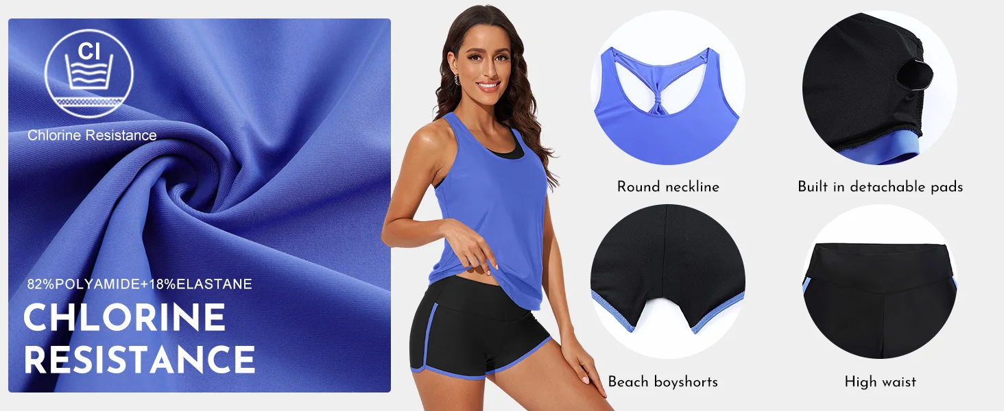Athletic 3 Piece Tankini Swimsuits with Shorts