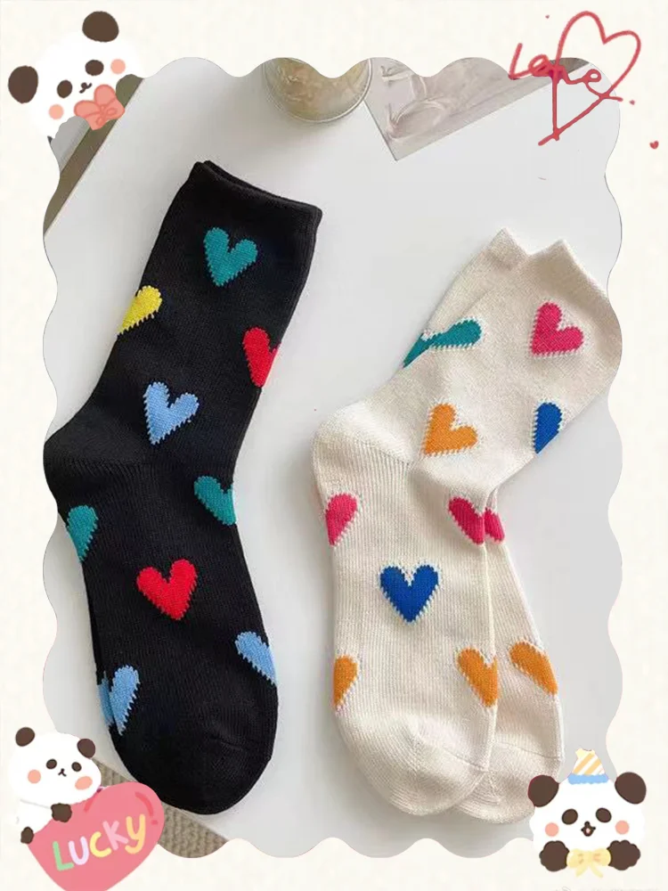 

Kids Cute Love Print Women Long Socks Autumn Winter Thick Cotton Sock Y2K Heart Mid-Tube Socks JK Girls Sokken Sox calcetine