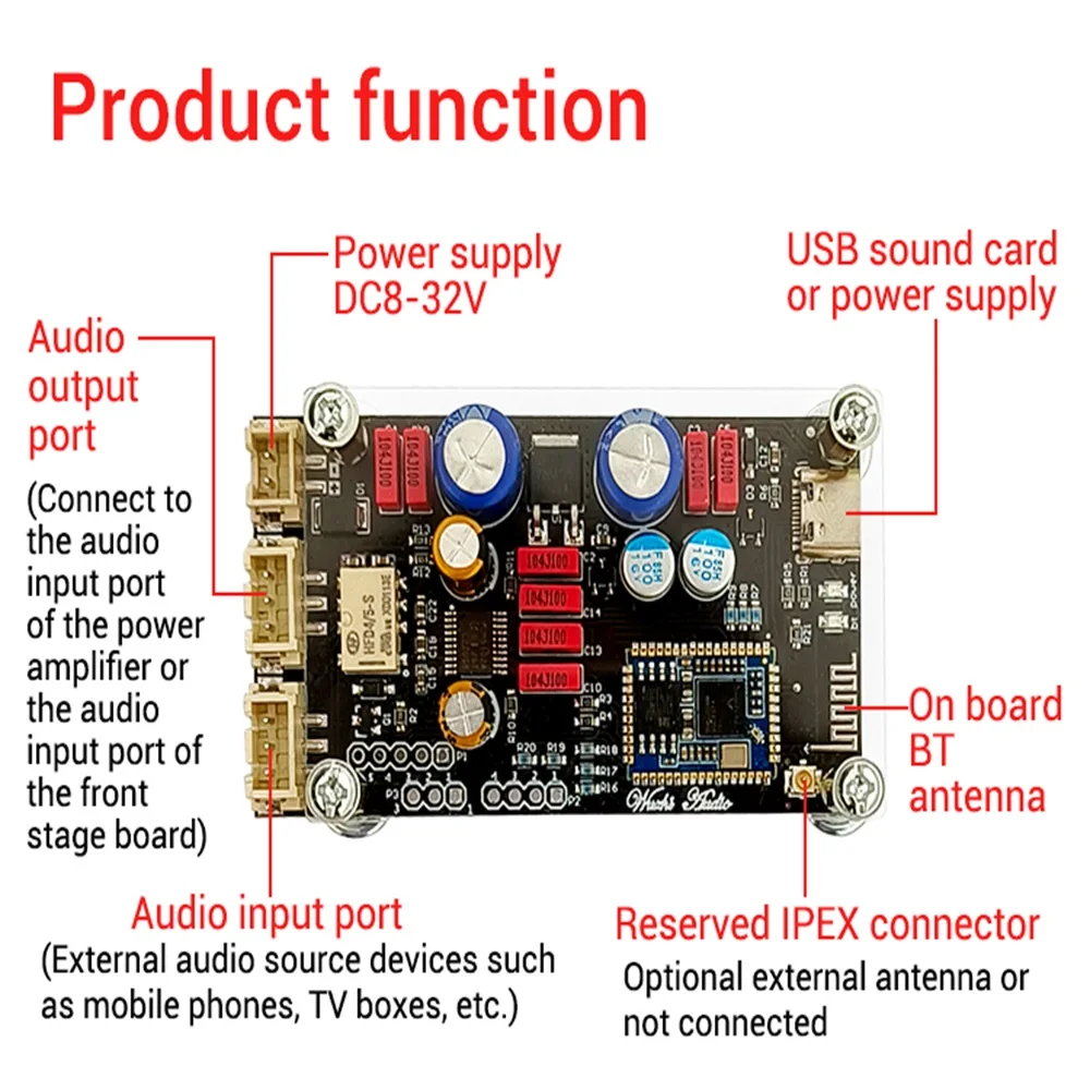 Bluetooth 5.1 Lossless Decoding Board with Onboard Antenna and Acrylic Case