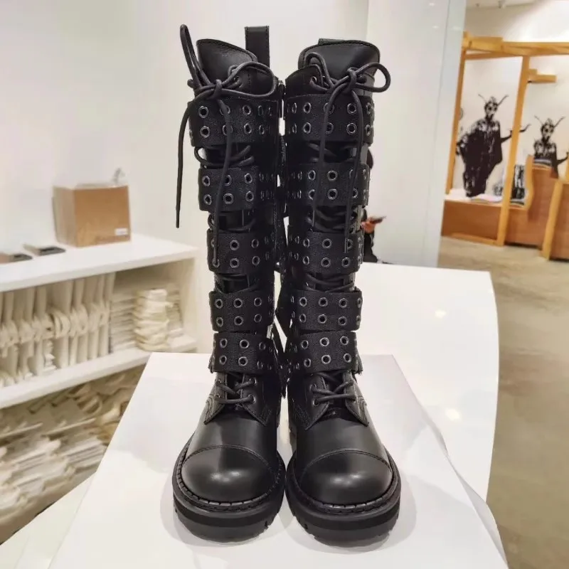 

Leather Strappy Women Knee High Boots Chunky Heels Long Ladies Shoes Metal Belt Buckle Round Head Botas Mujer Sapatos Feminino